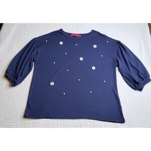 Navy Pearl Embellished Puff Sleeve Knit Top M
